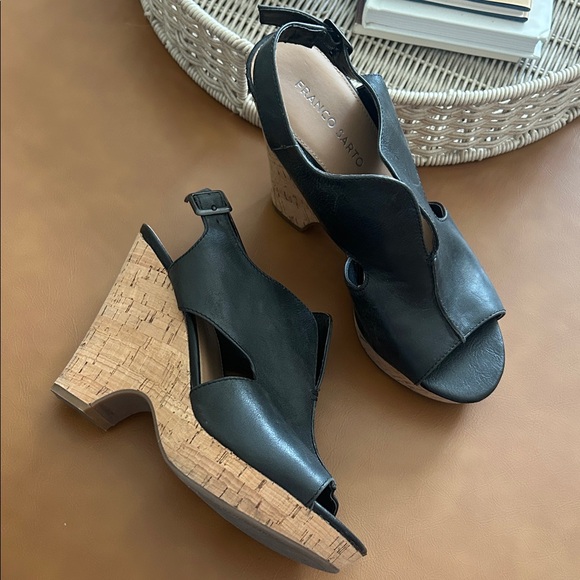 Franco Sarto Gallard Black Leather Cork Wedge Sandals Sz 9 - Picture 1 of 10